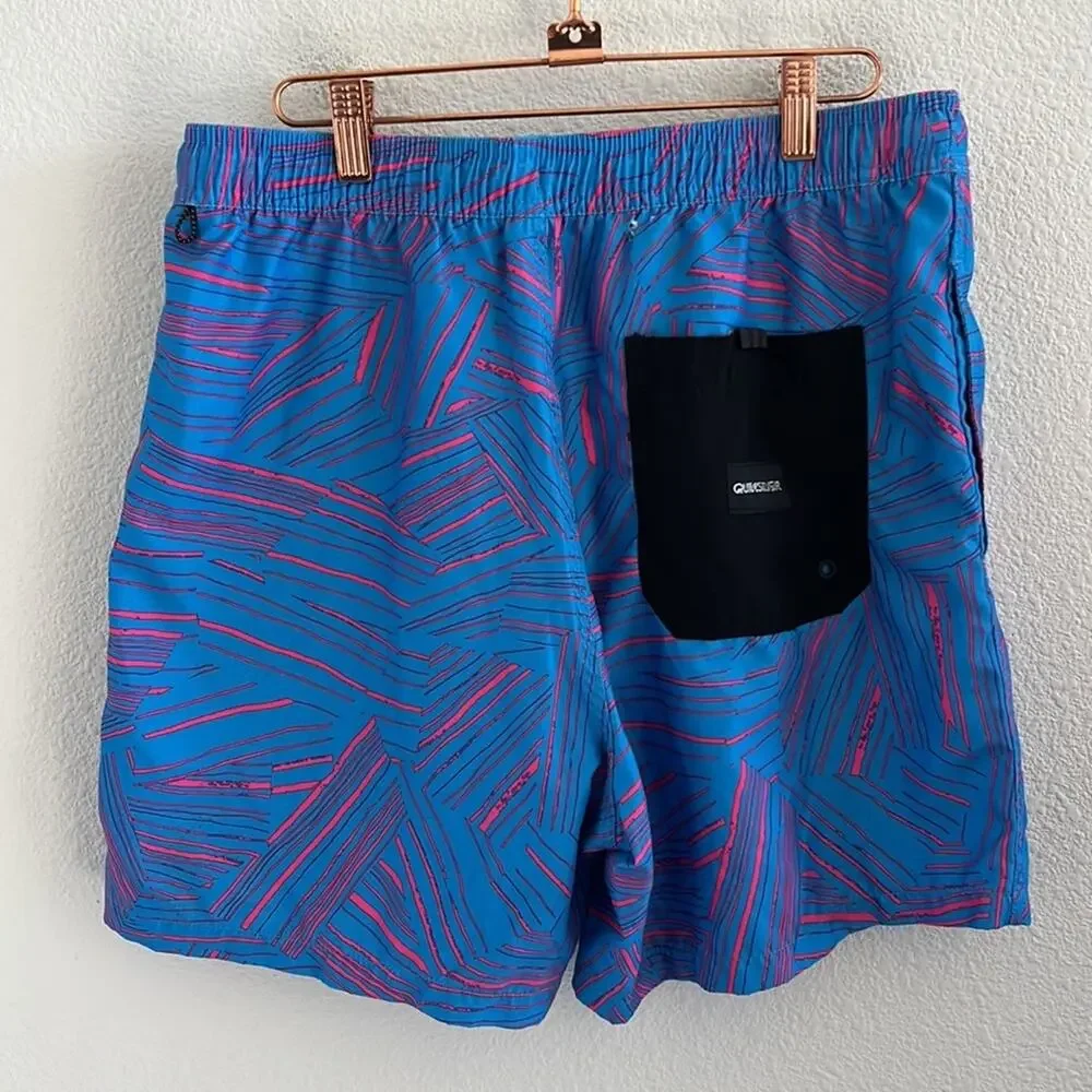 Quiksilver Volley Shorts Pink Blue Geometric Elastic Waist Casual Swim Hybrid L
